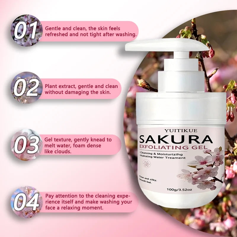Sakura Exfoliating Cleansing Gel 100g YUITIKUE Gentle Exfoliation Dead Skin Remover Hydrating Soft Smooth Facial Skin Gel