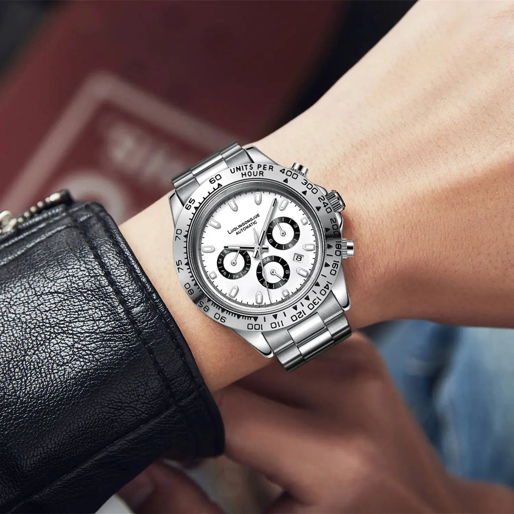 Luxury Series Business Men's Mechanical Watch, Three-Dial Six-Hand Multi-Function Fully Automatic Mechanical Watch, Men's Watch with Hollow Design, Fashionable Business Casual Watch, High-End Gift
