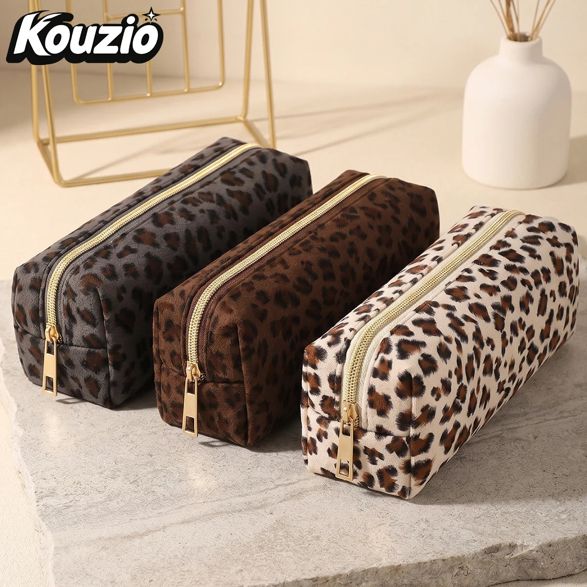 Vintage Leopard Print Suede Pencil Case, Aesthetic School Stationery Bag for Students - KOUZIO