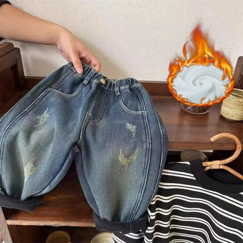 Boys Fleece-lined Jeans Fashion Children's Winter Denim Pants Kids Casual Autumn Trousers New Toddler Plush Velvet Pants 1-8Y