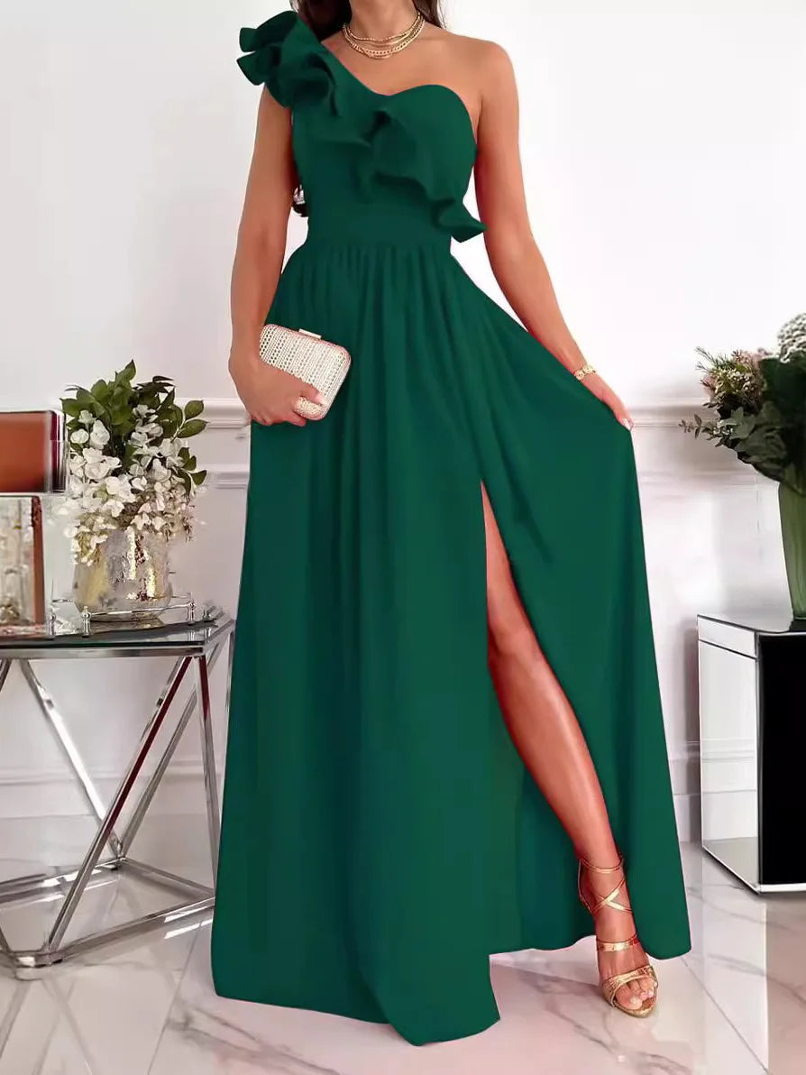 Elegant Long Single Shoulder Dress Women's Fashionable Slimming Evening Gown Versatile Daily Commute Dress Modern Style Summe...
