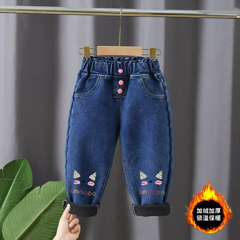 2022 New Warm pants Kids Cartoon Pant Fashion Boy Girl Jeans Winter Thickening Kids Denim Pants Baby Jean Infant Clothing 1-6Y