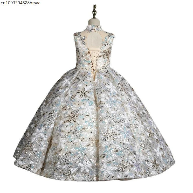 Girls Birthday Party Sleeveless Dress Sequin Flower Evening Dresses Piano Model Catwalk Performance Costumes Ball Gown