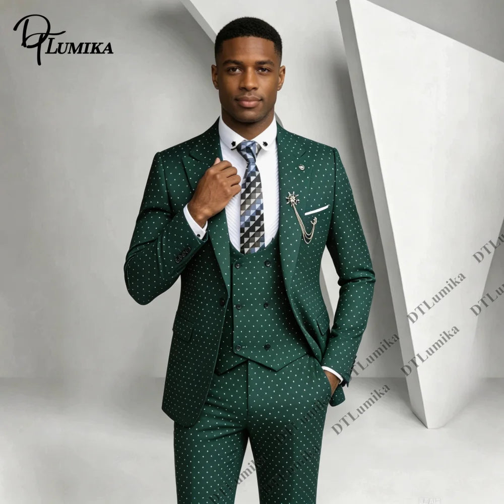 Men 3 Piece Dotted Suit Three-piece Polka Dot Jacket Vest Pants Made To Measure Wedding Business Prom Banquet Formal Tuxedo