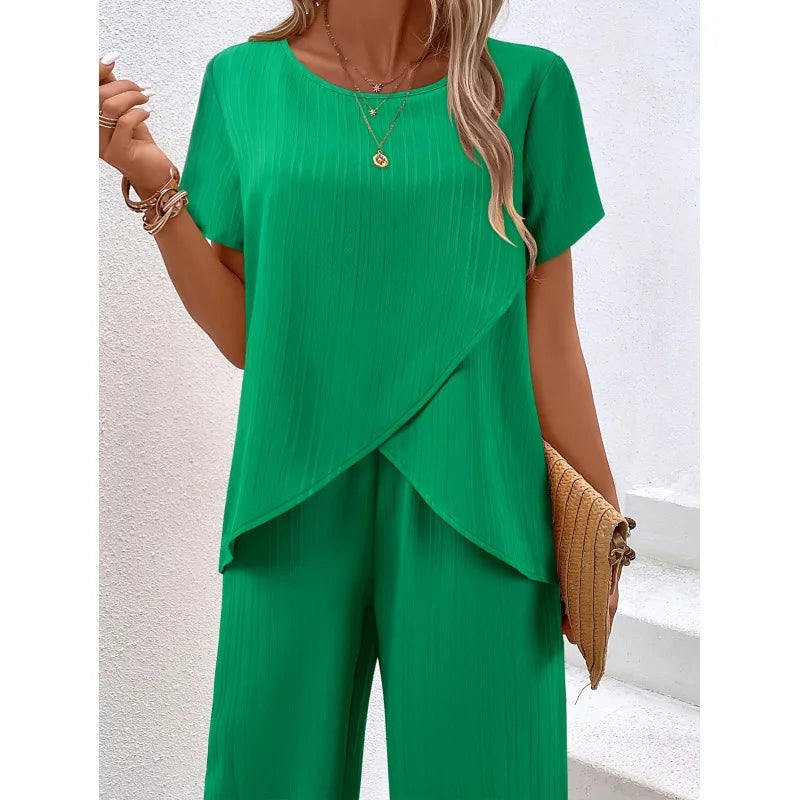 Neues elegantes Damen-Set für Büro und Freizeit mit Bluse mit unregelmäßigen kurzen Ärmeln und weiter langer Hose, zweiteiliges Outfit für Damen