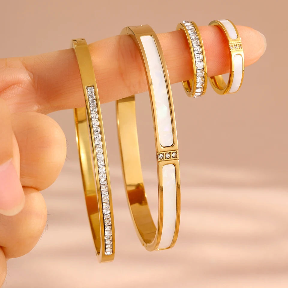 Stainless Steel CZ White Shell Jewelry Set Women Baguette Zircon Cuff Bangle Ring Waterproof Stackable Finger Wrist Jewelry