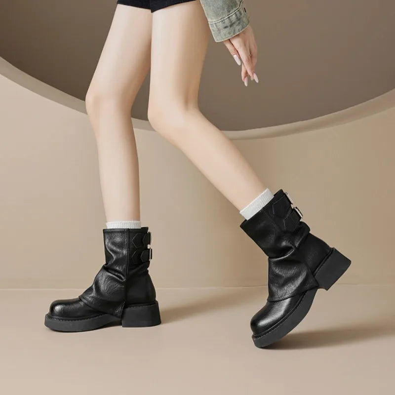 Womens Western Cowgirl Boots Autumn Winter New Waterproof Thick Bottom Casual Shoes Fashion Versatile Women's Short Boots Mujer