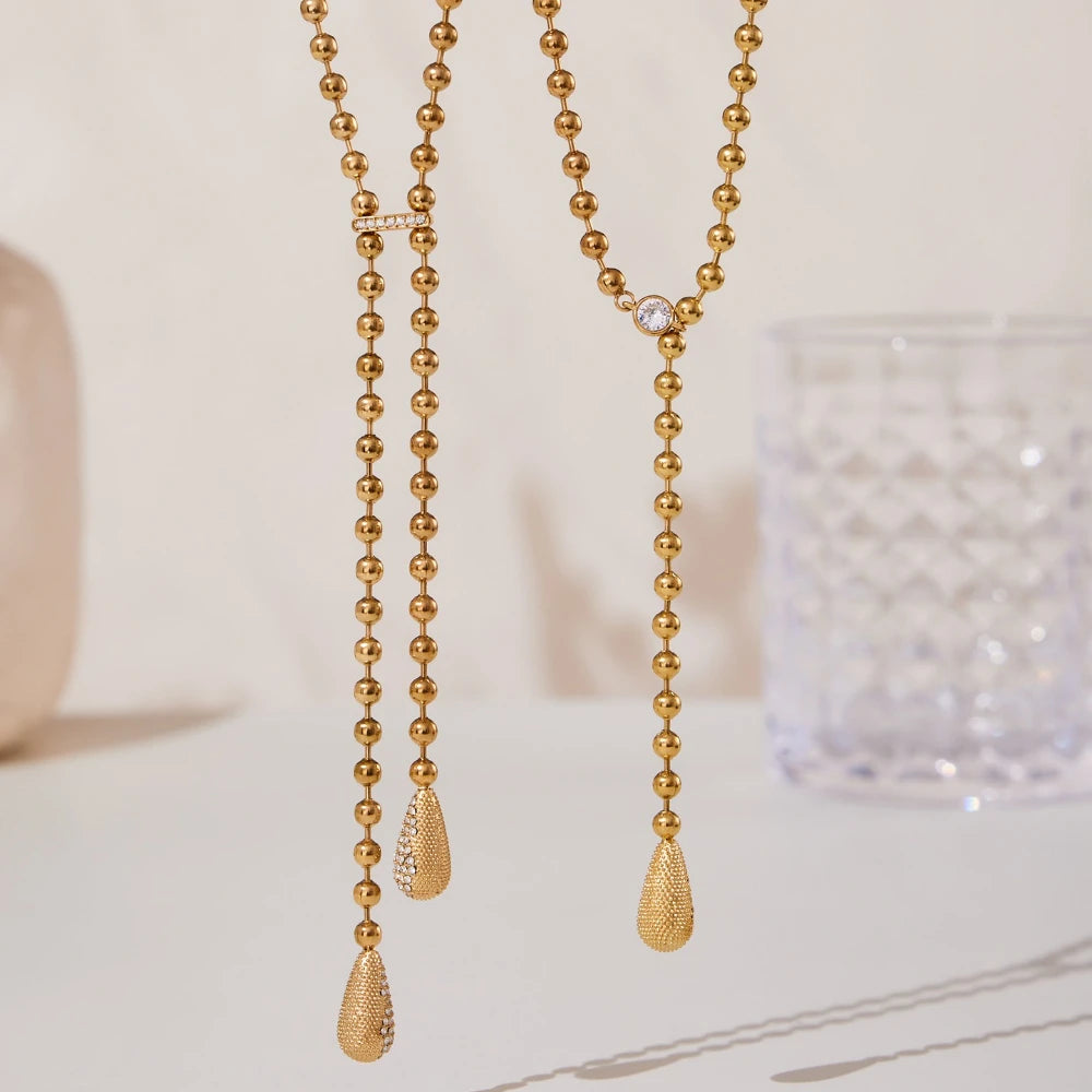 Stainless Steel Y Necklace for Women 18k Gold Plated Beaded Chain Inlaid Zircon Droplet Pendant Necklaces Matching Earrings