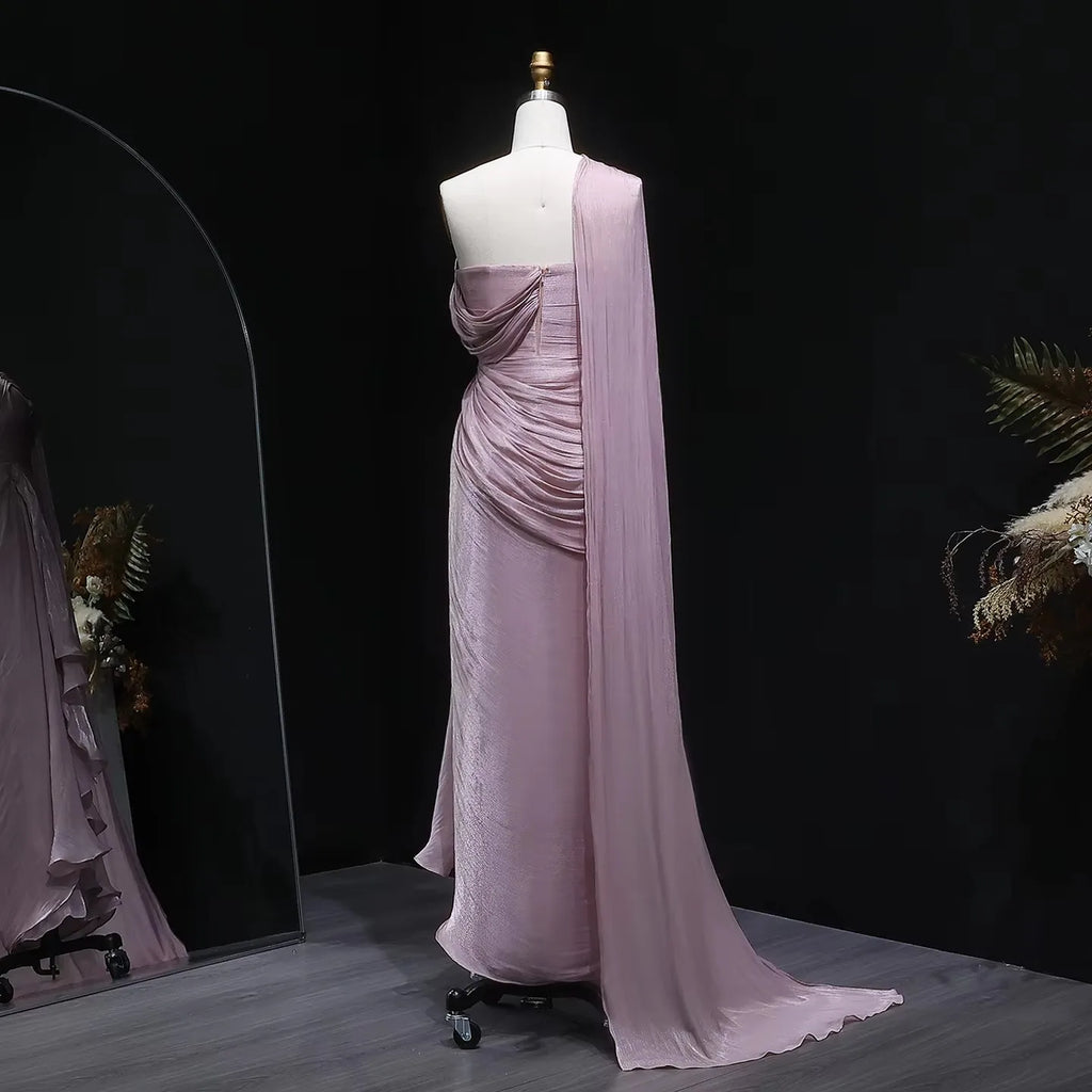Women Elegant Dresses One Shoulder Dusty Pink Evening Gown Chiffon Ruched Cape Sash Wedding Guest Bridesmaid Dress