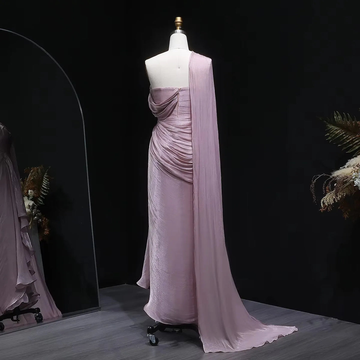 Women Elegant Dresses One Shoulder Dusty Pink Evening Gown Chiffon Ruched Cape Sash Wedding Guest Bridesmaid Dress