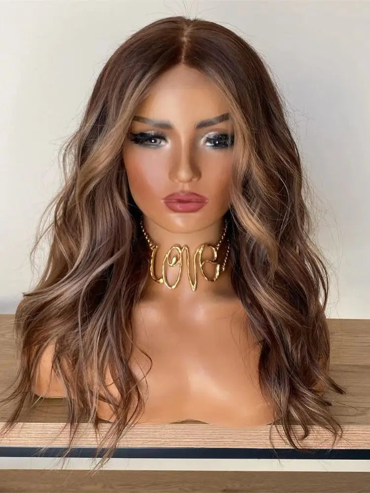 High Quality Synthetic Wig 13x4 Balayage Ombre Brown Blonde Wig with Dark Roots Synthetic Mix Human Hair Wig Preplucked Hairline