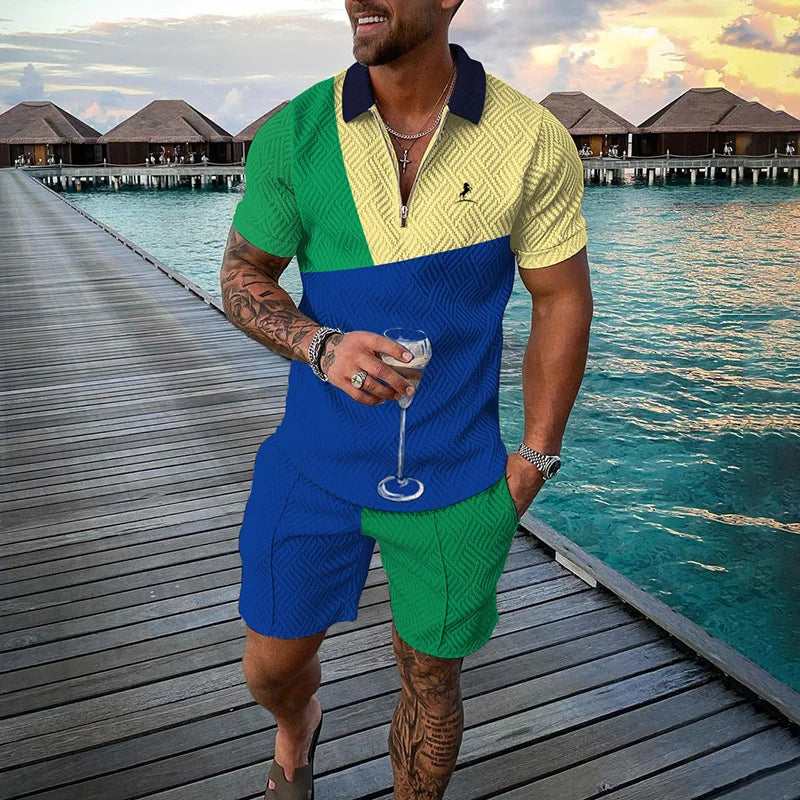 Men's Clothing Tracksuit Sets 3D Print Color Squares Pattern Casual Zipper Polo Shirt And Shorts 2pcs Sets Trend Streetwear Man
