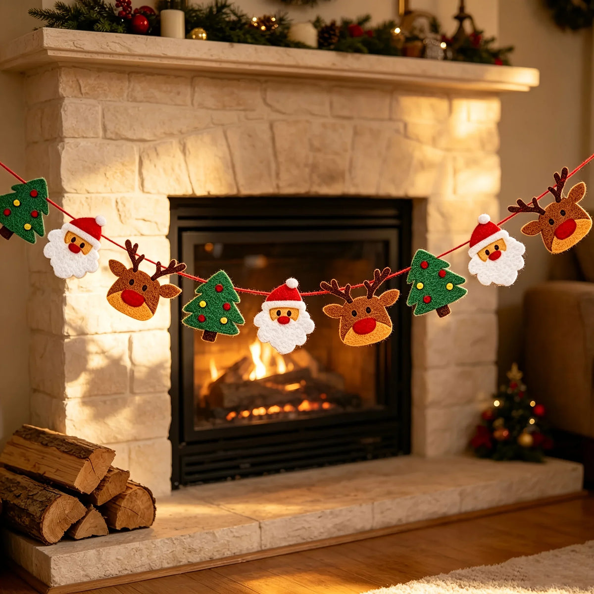 Weihnachts-Filzgirlande mit Weihnachtsmann & Rentieren – Festlicher Wandschmuck