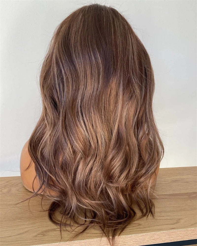 High Quality Synthetic Wig 13x4 Balayage Ombre Brown Blonde Wig with Dark Roots Synthetic Mix Human Hair Wig Preplucked Hairline