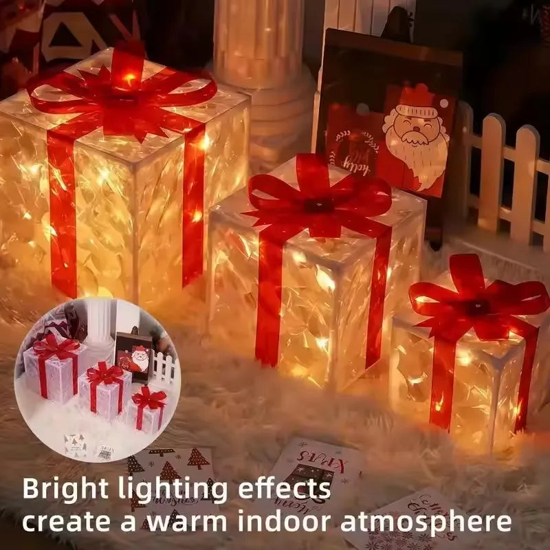 Christmas Lighted Gift Box With Bow Transparent LED Warm White Box Lights for Indoor Holiday Home Decoration Xmas Tree Ornaments