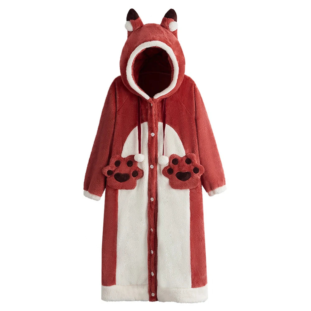 Winter Pajamas For Women Cartoon Hooded Long Robe Cute Nightgown Sleepwear Bat Animal Kawaii Flannel Warm Comfy Lounge Bathrobes