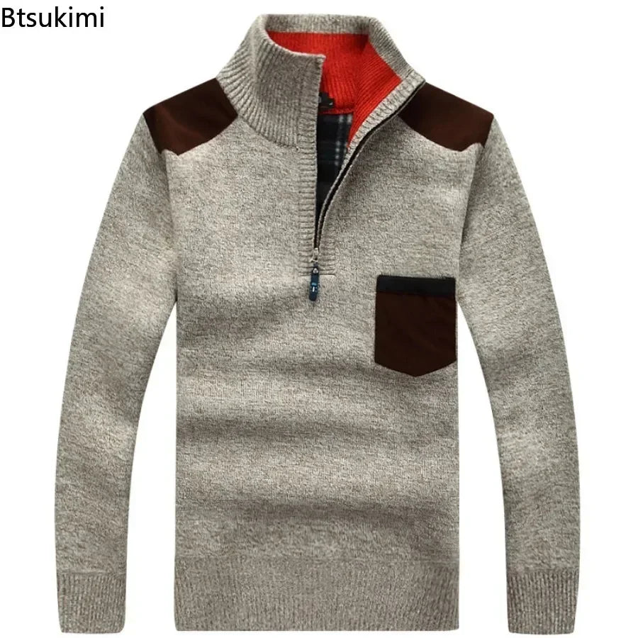 Men's Winter Sweaters Stand Collar Half Zipper Knitted Fleece Pullovers Long Sleeve Pocket Casual Jumper Thick Clothing for Men