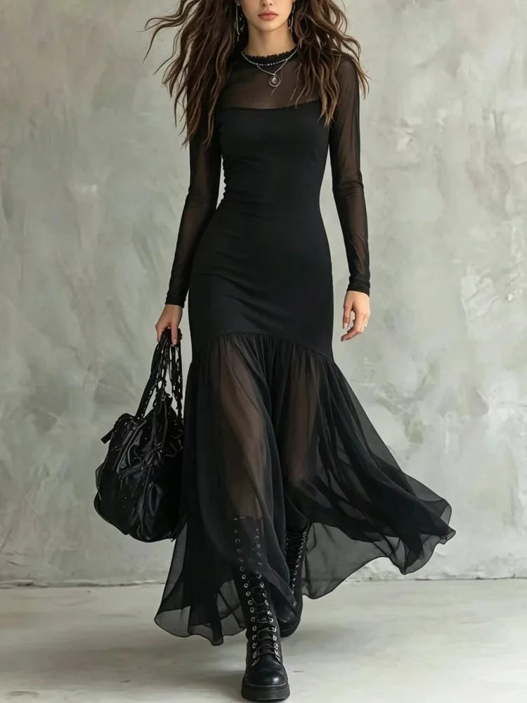 Women's Spring/Summer Outfit, Elegant Dress, Holiday Outfit, Casual Dress, Outing Dress, Mesh Dress, Long Sleeve Dress, Graduati