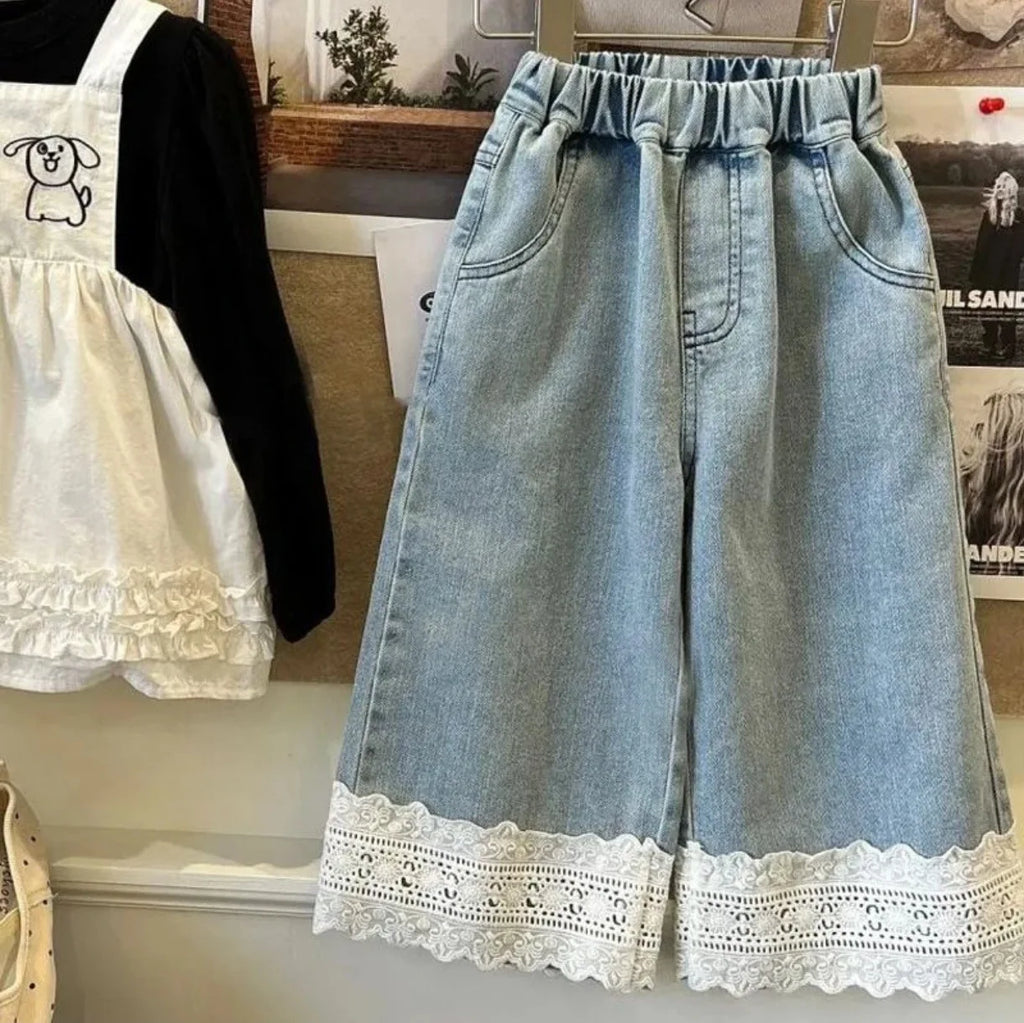 2-7Y Autumn Girls Lace Trimmed Jeans Sweet Elastic Waist Straight Leg Kids Pants for Girls Pants Korean Children Loose Trousers