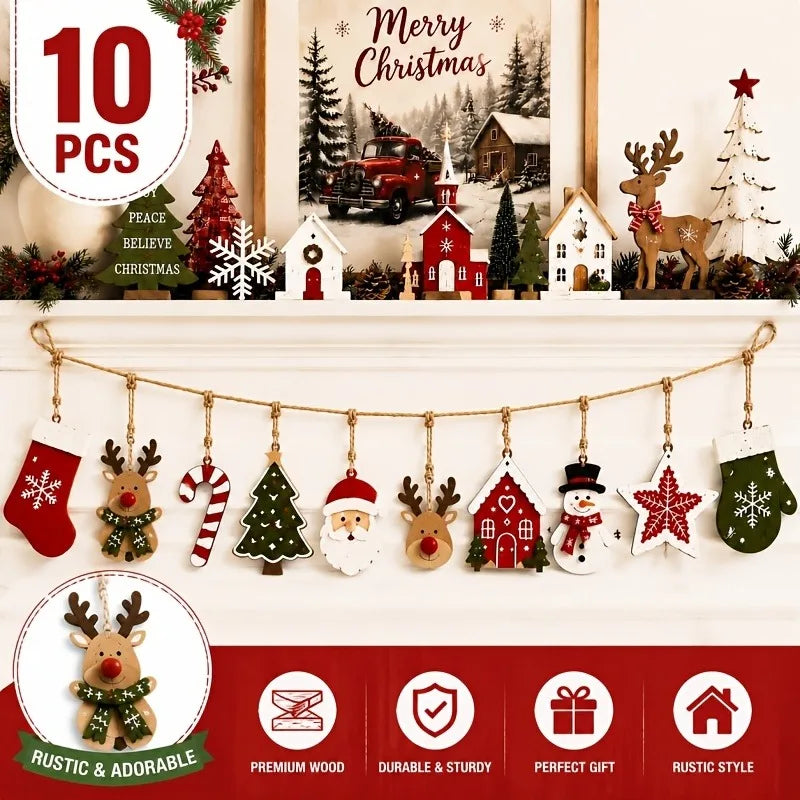10 pieces Christmas wood decoration, Santa Claus, reindeer, Christmas tree, stars, etc., winter/Christmas house party decoration