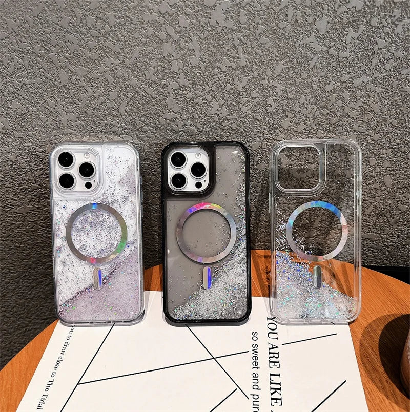 Luxury Plating Ring for Magsafe Case for iPhone 15 16 17 Pro Max Magnetic Glitter Beads Quicksand Phone Cover Liquid Shell Funda