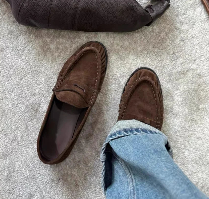 Round-toed loafers for women with pleated low heels Retro Brown Ladies Shoes Woman Fashion Brand Designer Shoes for Women