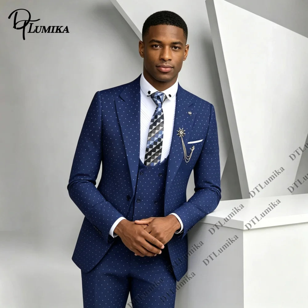 Herrenanzug mit Punkten, 3-teilig – gepunktetes Sakko, Weste und Hose, maßgeschneidert, für Hochzeit, Business, Abschlussball, Bankett und formelle Anlässe, Smoking-Style