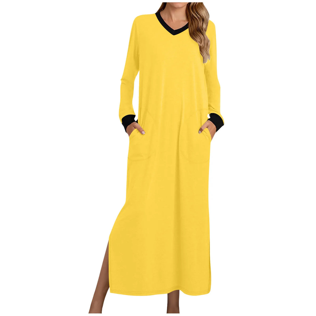Women's Nightgowns V-Neck Long Sleeve Pajamas with Pocket Solid Color Long Dresses Sleepshirts for Women Soft Nightwear Robes