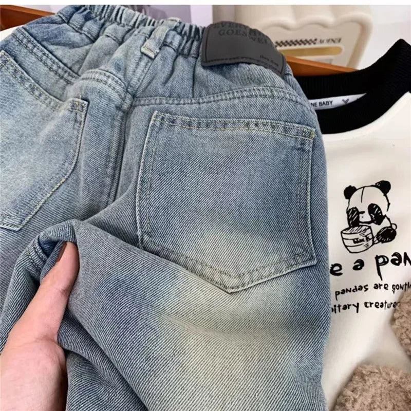 Kids Velvet Jeans Spring Winter New Boys Loose Thick Pants Children Warm Demin Pants Casual Trousers 2-8 Years Old
