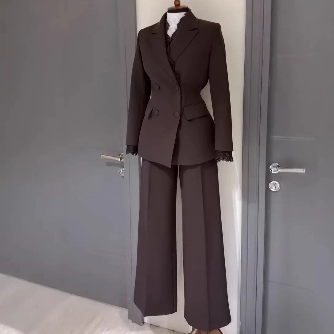 Women 2 Piece Suit Sets Lapel Full Sleeve Blazers Buttons Straight Long Pants Slim Fit Ensemble Work Evening Formal Lace Splice