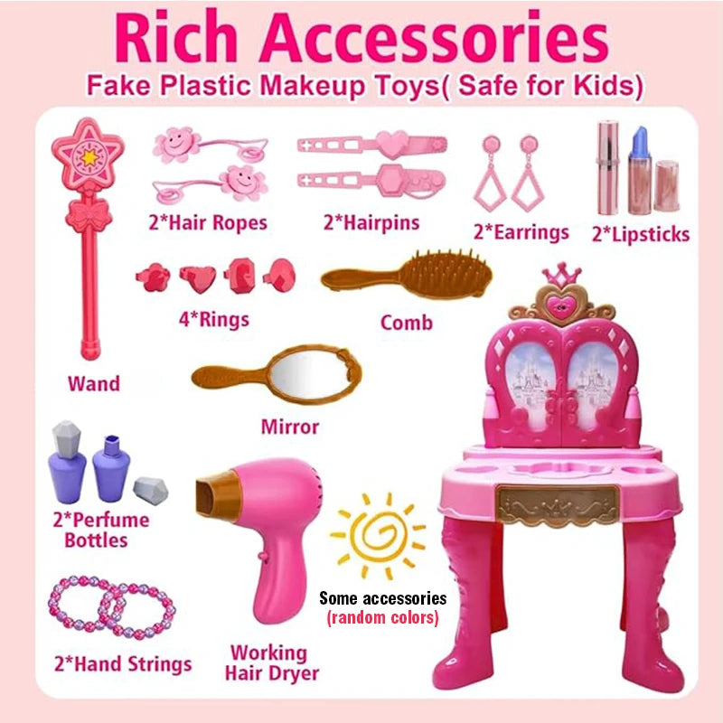 Princess Vanity Table Playset Kids Induction Open Beauty Dresser with Light and Music Pretend Makeup Hair Styling Toy for Girls