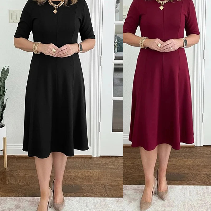 Women Elegant Midi Dress Fashion O Neck Solid Color Short Sleeve Loose A-Line Beach Party Dresses For Women Office Dress