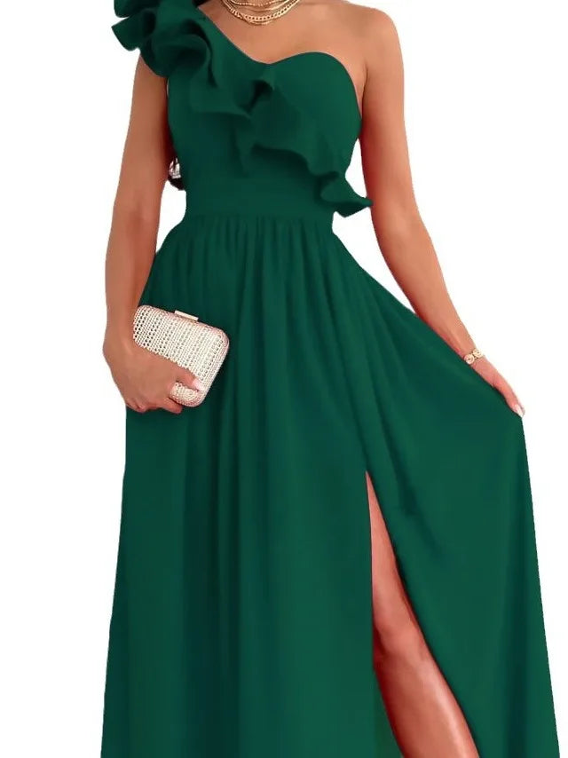 Elegant Long Single Shoulder Dress Women's Fashionable Slimming Evening Gown Versatile Daily Commute Dress Modern Style Summe...