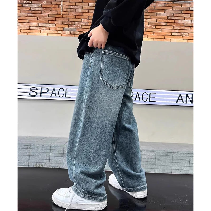 5-14Y Boys Jeans Pants Spring Kids Wide Leg Straight Trousers Autumn Loose-Fit Casual Trousers Children's Trendy Sweatpants