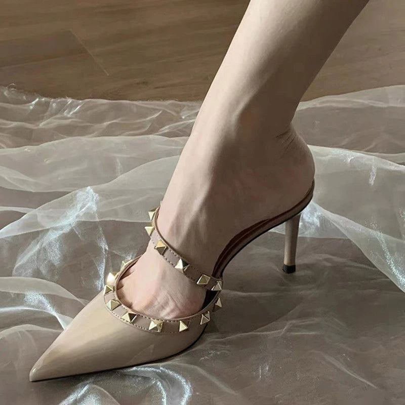 Nude High Heels for Women 2026 Autumn New Studded Pointed Toe Single Strap Slippers, Outdoor Half-Slippers for Women