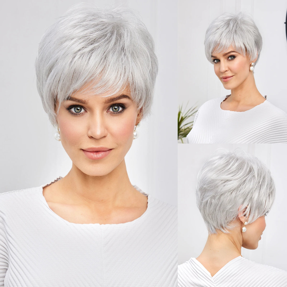 Short Pixie Cut Ash Blonde Wigs for Women with Bangs Blonde Natural Layered Blend Hair Kanekalon Human Hairs Like Texture Wigs