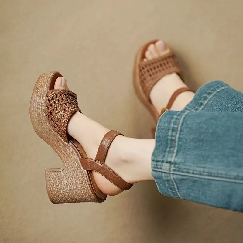 Women's High Heels Sandals Summer Elegant Hollow Braided Chunky Pumps Fashion Ankle Straps Versatile Vacation Casual Beach Shoes