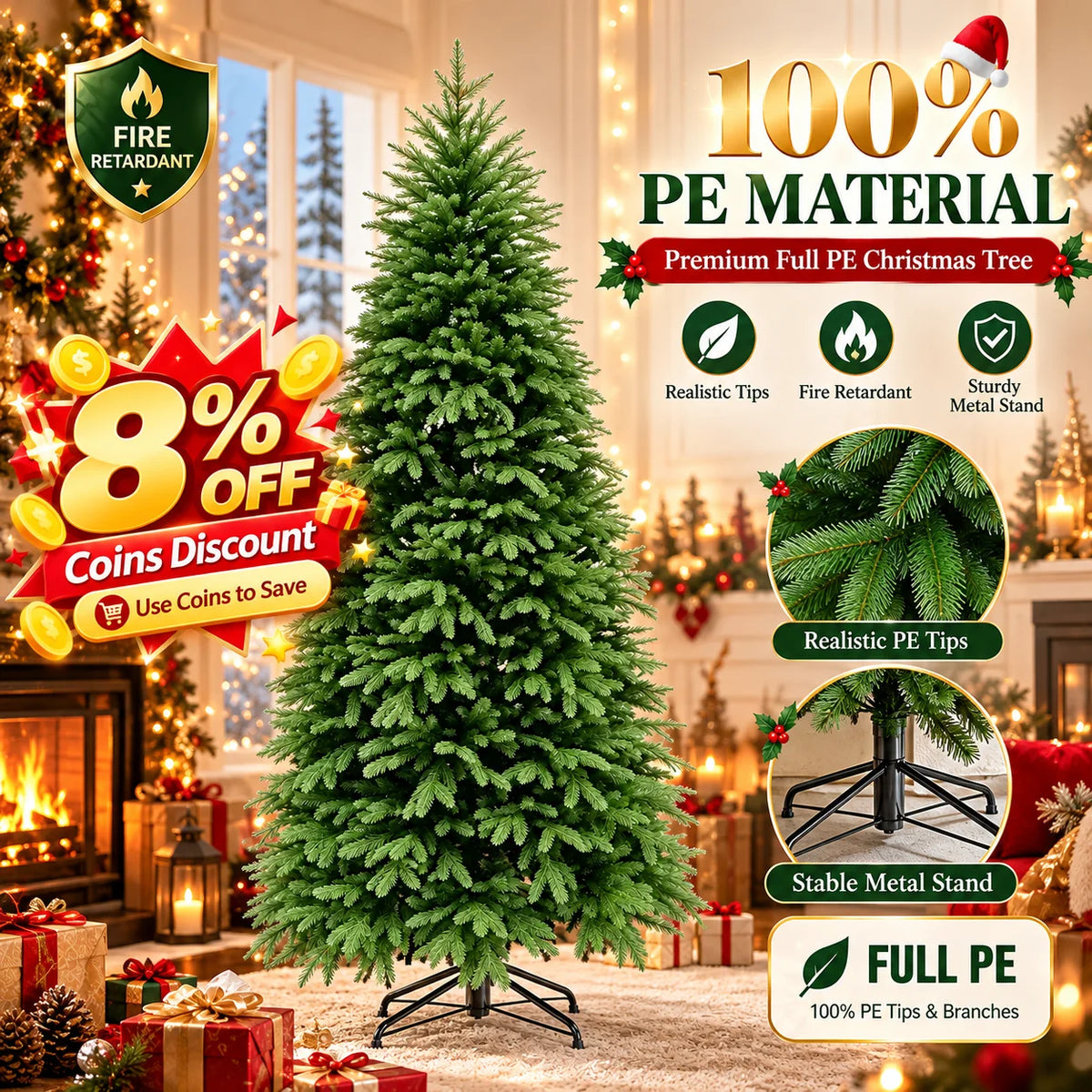👉 Königlicher Full-PE Weihnachtsbaum – 100% Real-Touch Luxus