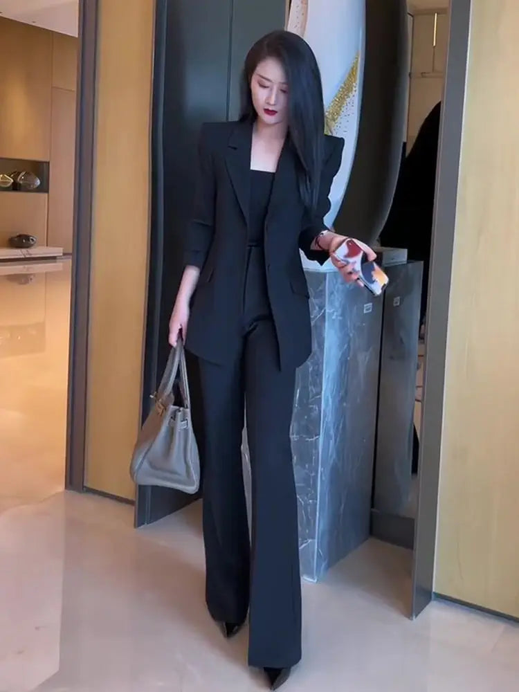 Blazer and Pant Sets for Women 2 Pieces Wear To Work Suits Autumn Winter Trousers Woman Office Professional Black Casual Elegant