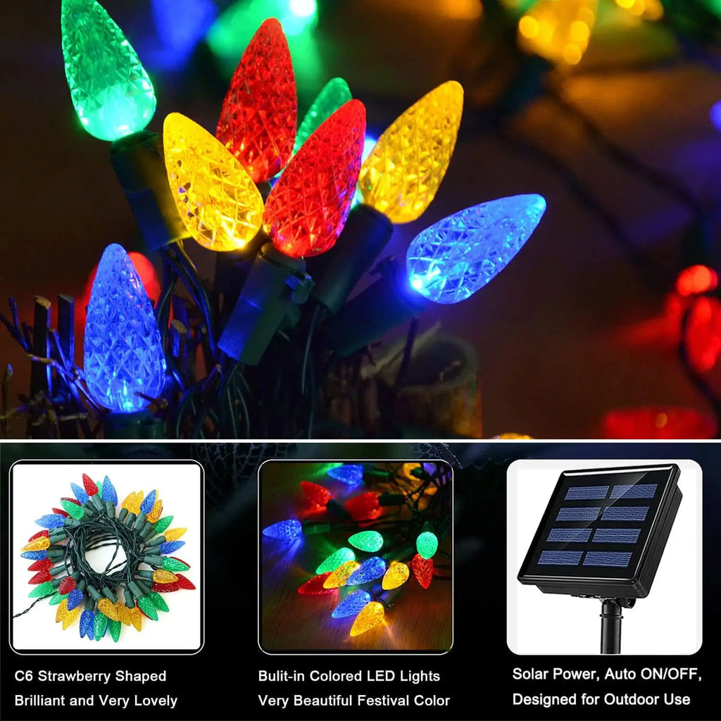 Solar Christmas Lights Outdoor C6 Strawberry Solar String Lights 50/100LED Fairy Lights for Christmas Tree Holiday Party Decor