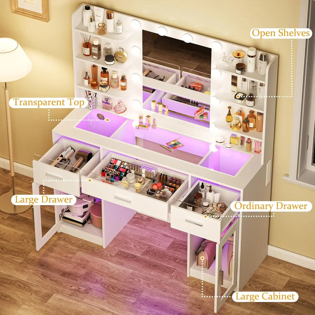 Makeup Vanity Desk with Mirror and Lights 3 Colors, Transparent Top with 3 RGB Drawers, 6 Shelves, Customized