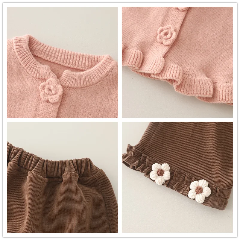 Baby Girls Clothing Sets Spring Autumn Children Casual Clothes Outfits Infant Floral Knitted Coat T Shirt Pants 3 Pieces Suits