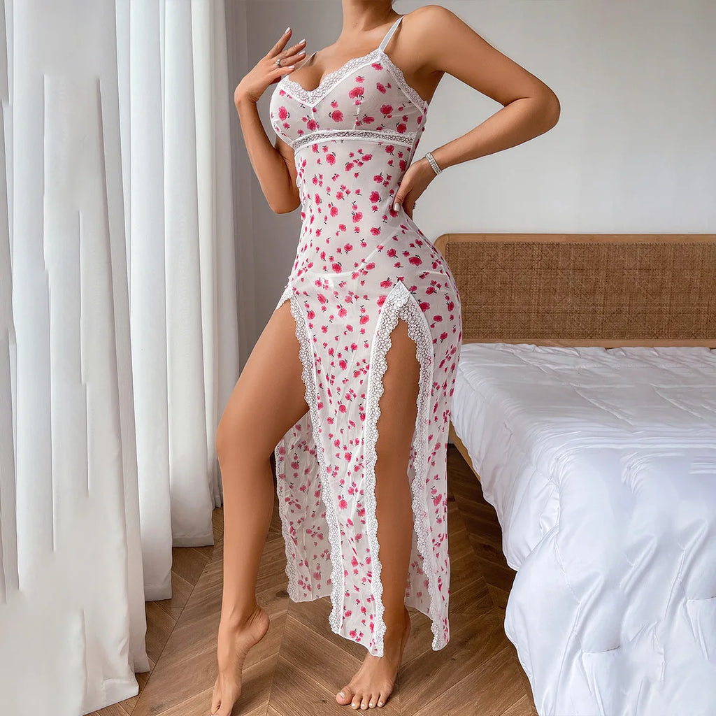 Women Casual Nightgown Sexy Sleeveless V-neck Split Lace Trimmed Hem Floral Sheer Nightdress Female Sleeping Dress Homewear