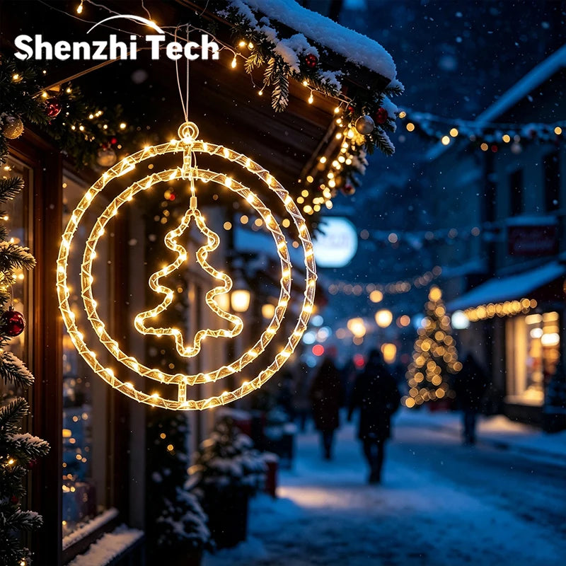 Christmas Hanging Wreath Light Warm White LED Circular Hanging Ornament Light with Inner Christmas Tree Pattern 32cm Window Wall