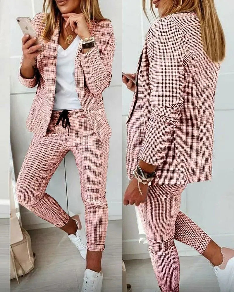 Two Piece Set Women Outfit Office Ladies 2023 Autumn Plaid Print Long Sleeve Elegant Blazer Coats & Drawstring Work Pants Set