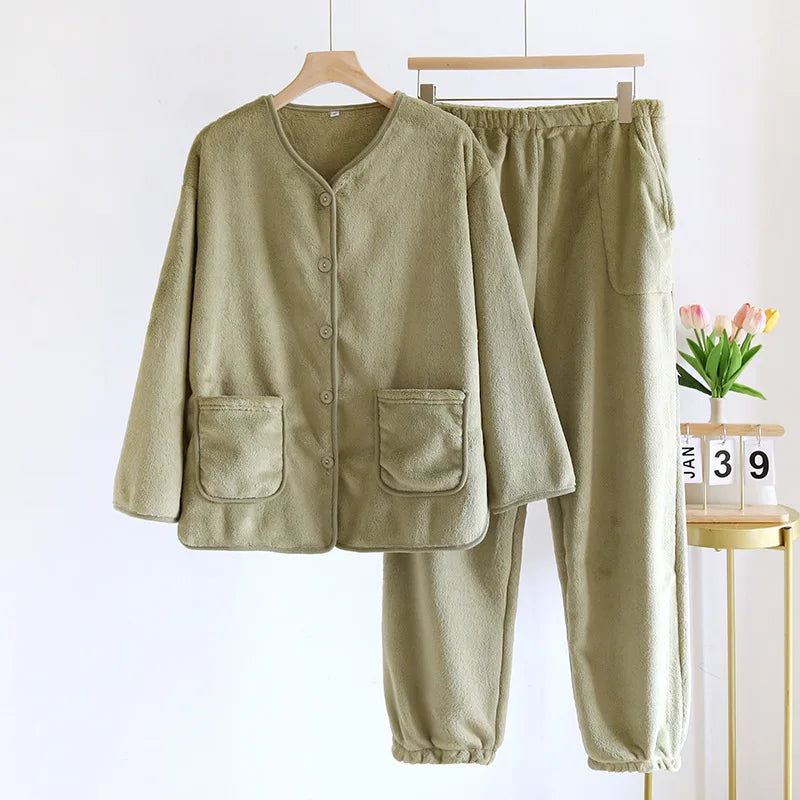 2024 New Autumn/Winter Vintage Pajamas Women Winter Velvet Thickened Outerwear Home Clothing Long Sleeved Pants Set