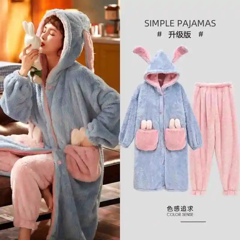 Winter Cute Women's Warm Pajamas With Pants Set Cartoon Sleeping Home Wear Suit Sleepwear Leisure Trend Pajama пижама женская