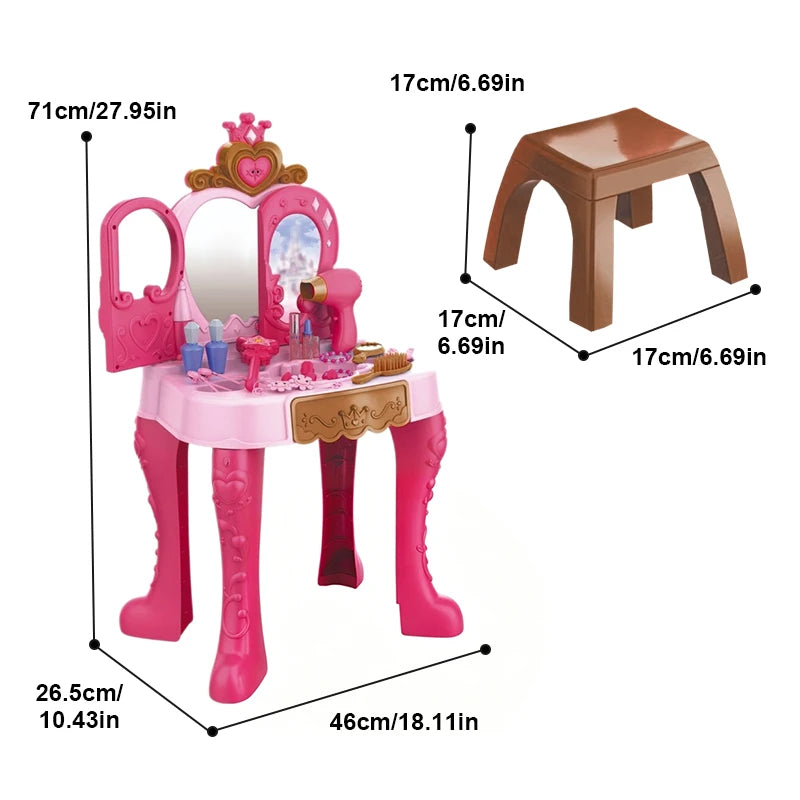 Princess Vanity Table Playset Kids Induction Open Beauty Dresser with Light and Music Pretend Makeup Hair Styling Toy for Girls