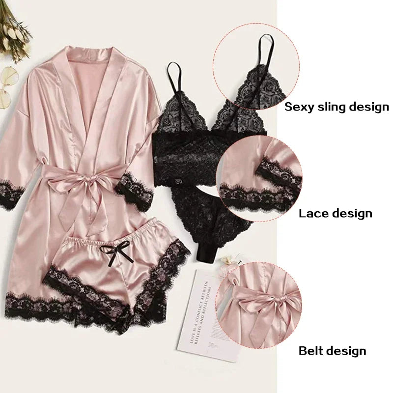 Women 4 Piece Sleepwear Pajamas Set Sexy Lace Robe Lingerie Silk Satin Bathrobe Home Nightwear Clothes