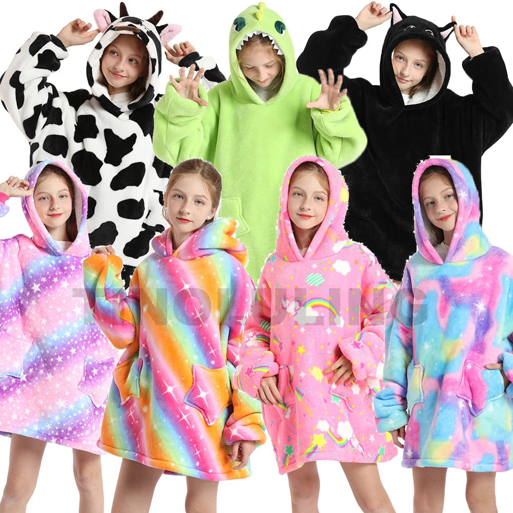 Kids Hoodie Oversized Blanket with Sleeves Panda Giraffe Kigurumi Boy Sweatshirt Teenage Girl Hoodie Children Warm Clothes